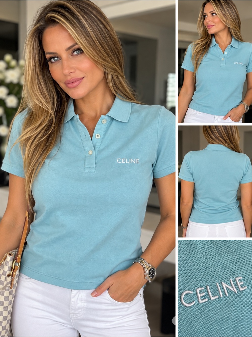 Celine Short-Sleeve Polo in Soft Aqua Blue
